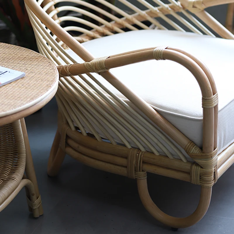 Contemporary Boho Natural Rattan Accent Chair - Curved Handwoven Indonesian Rattan Armchair With Waterproof Fabric Cushion For Living Room