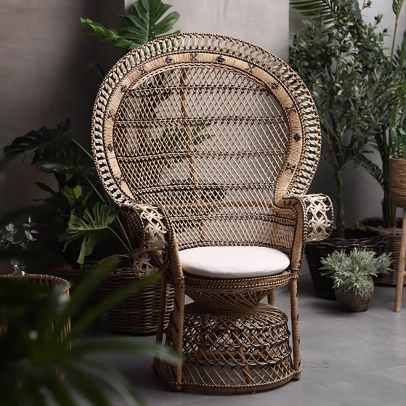 Contemporary Boho Handwoven Indonesian Rattan Accent Chair - High Back Peacock Rattan Lounge Chair With Waterproof Fabric Cushion For Living Room