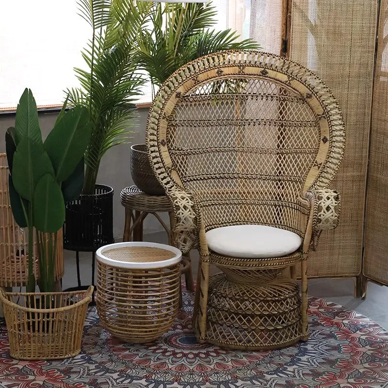 Contemporary Boho Handwoven Indonesian Rattan Accent Chair - High Back Peacock Rattan Lounge Chair With Waterproof Fabric Cushion For Living Room