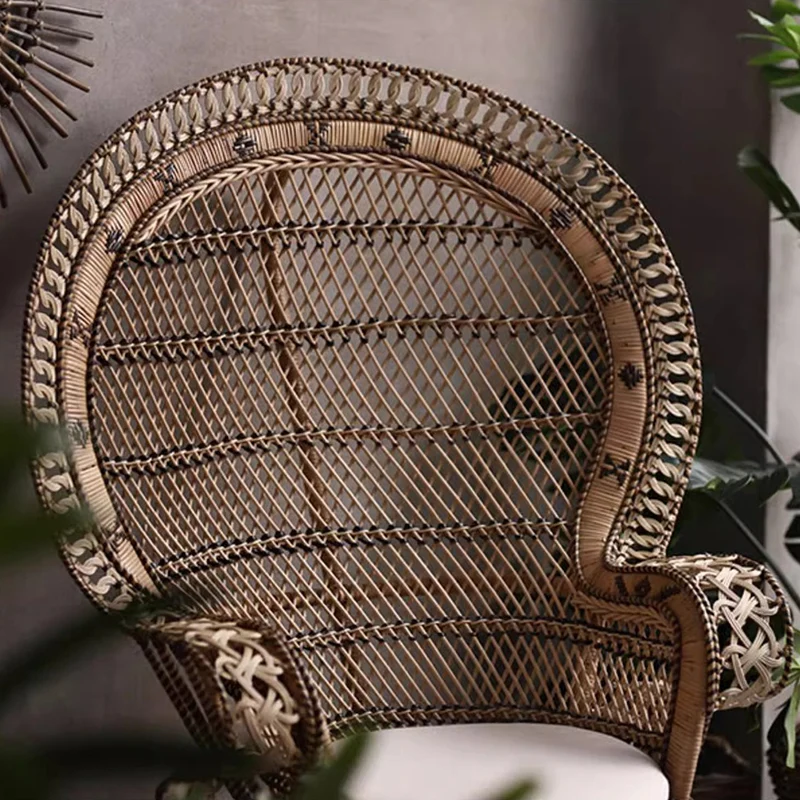 Contemporary Boho Handwoven Indonesian Rattan Accent Chair - High Back Peacock Rattan Lounge Chair With Waterproof Fabric Cushion For Living Room