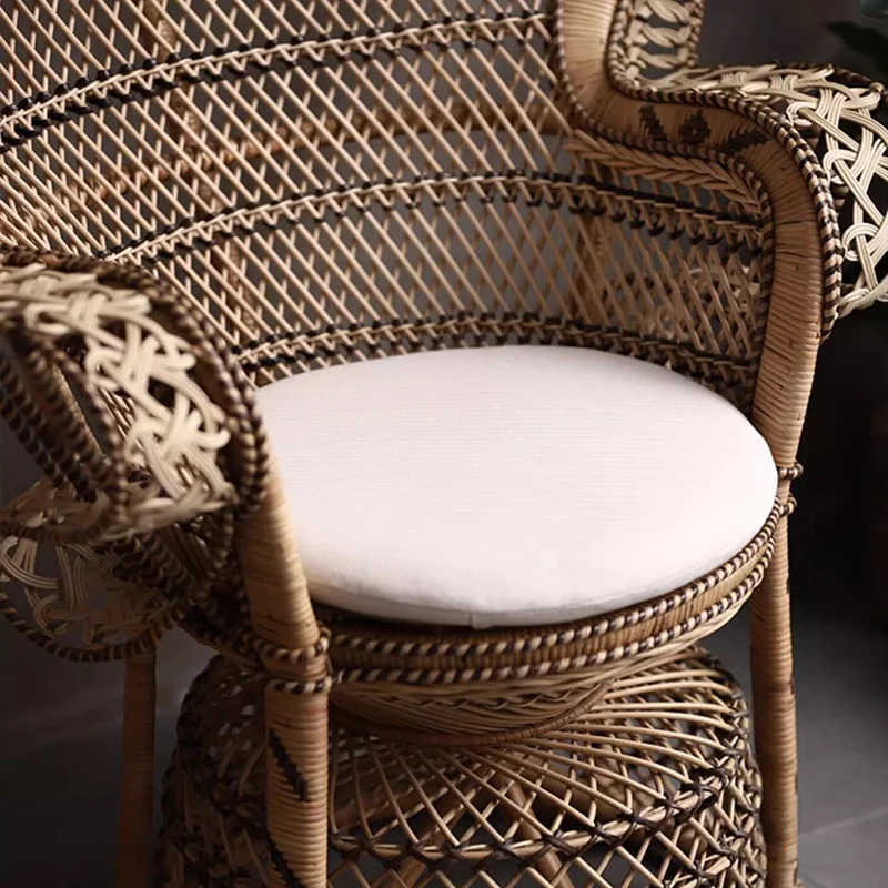 Contemporary Boho Handwoven Indonesian Rattan Accent Chair - High Back Peacock Rattan Lounge Chair With Waterproof Fabric Cushion For Living Room