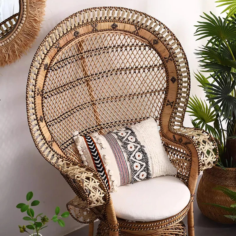 Contemporary Boho Handwoven Indonesian Rattan Accent Chair - High Back Peacock Rattan Lounge Chair With Waterproof Fabric Cushion For Living Room