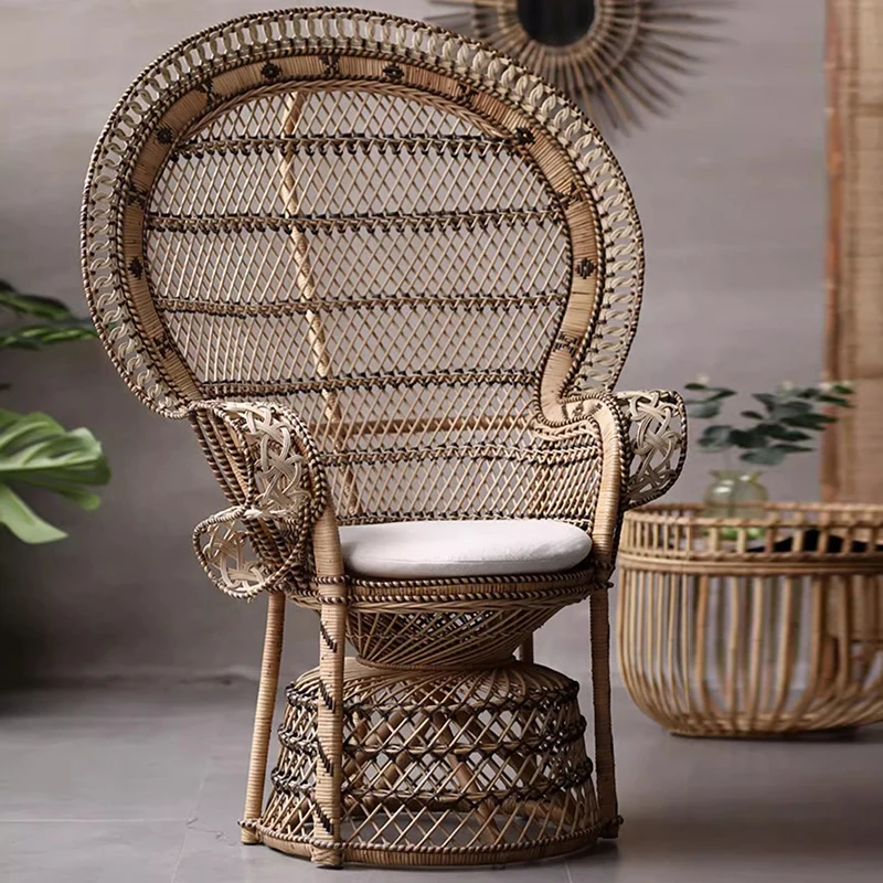 Contemporary Boho Handwoven Indonesian Rattan Accent Chair - High Back Peacock Rattan Lounge Chair With Waterproof Fabric Cushion For Living Room