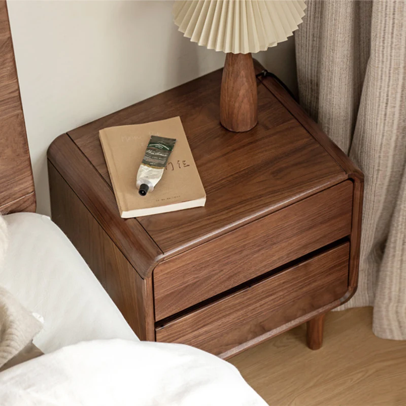 Contemporary Nordic Rectangular High-Leg Design Black Catalpa Wood Paulownia Wood Nightstand 2-Drawer For Bedroom
