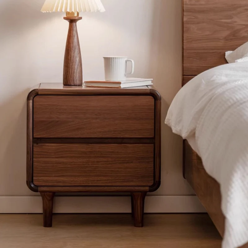 Contemporary Nordic Rectangular High-Leg Design Black Catalpa Wood Paulownia Wood Nightstand 2-Drawer For Bedroom