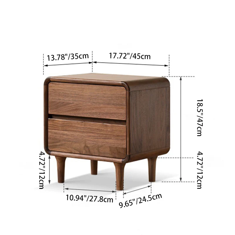 Contemporary Nordic Rectangular High-Leg Design Black Catalpa Wood Paulownia Wood Nightstand 2-Drawer For Bedroom