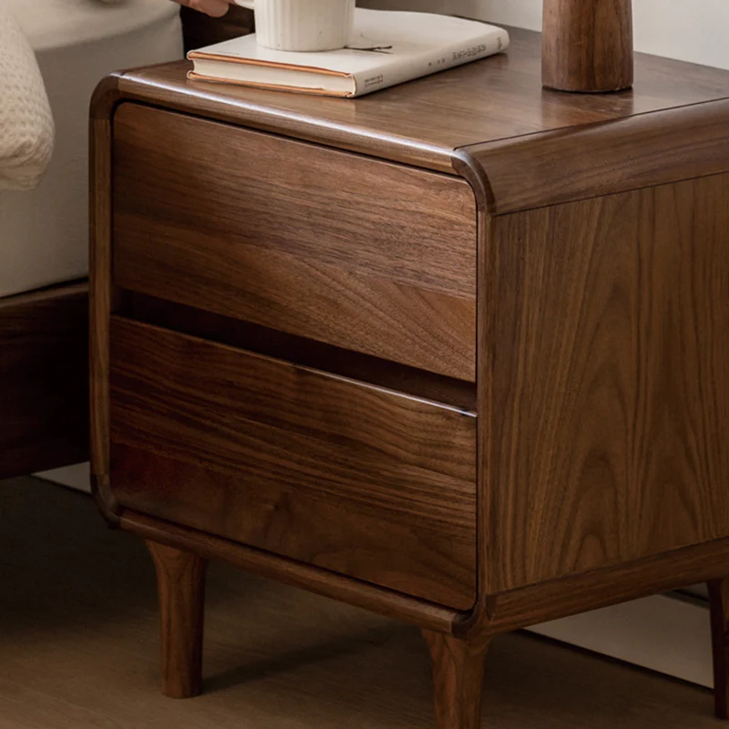 Contemporary Nordic Rectangular High-Leg Design Black Catalpa Wood Paulownia Wood Nightstand 2-Drawer For Bedroom