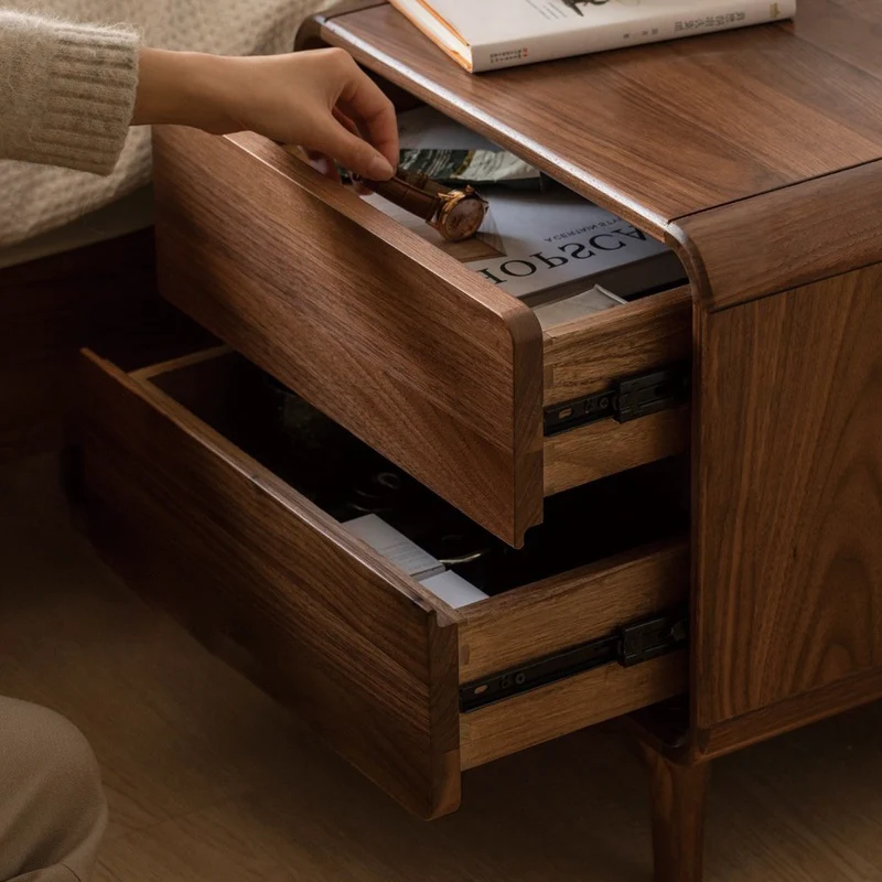 Contemporary Nordic Rectangular High-Leg Design Black Catalpa Wood Paulownia Wood Nightstand 2-Drawer For Bedroom