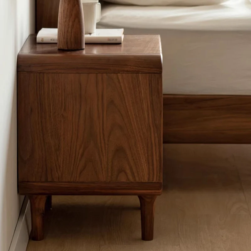 Contemporary Nordic Rectangular High-Leg Design Black Catalpa Wood Paulownia Wood Nightstand 2-Drawer For Bedroom