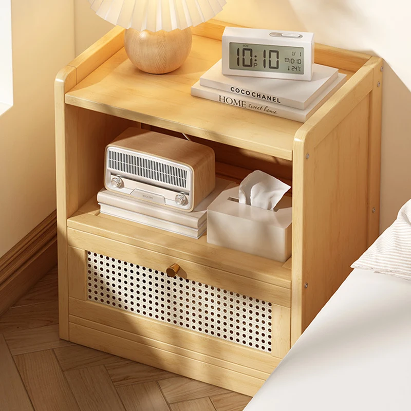 Traditional Japanese Rectangular Bamboo Fiber Board Plastic Rattan Nightstand 1 Drawer For Bedroom