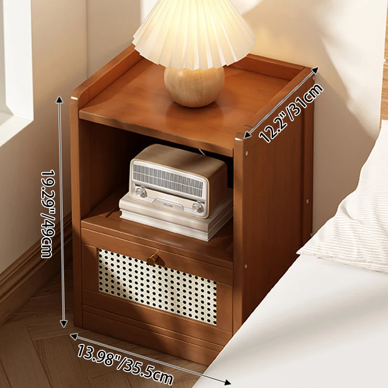 Traditional Japanese Rectangular Bamboo Fiber Board Plastic Rattan Nightstand 1 Drawer For Bedroom