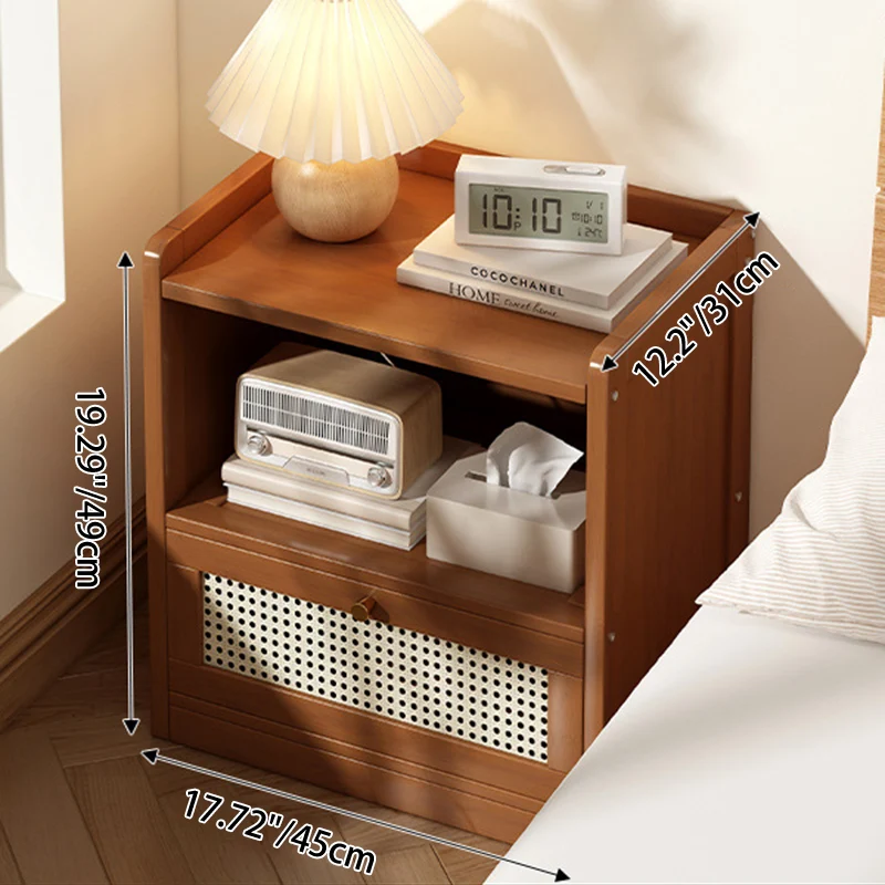 Traditional Japanese Rectangular Bamboo Fiber Board Plastic Rattan Nightstand 1 Drawer For Bedroom