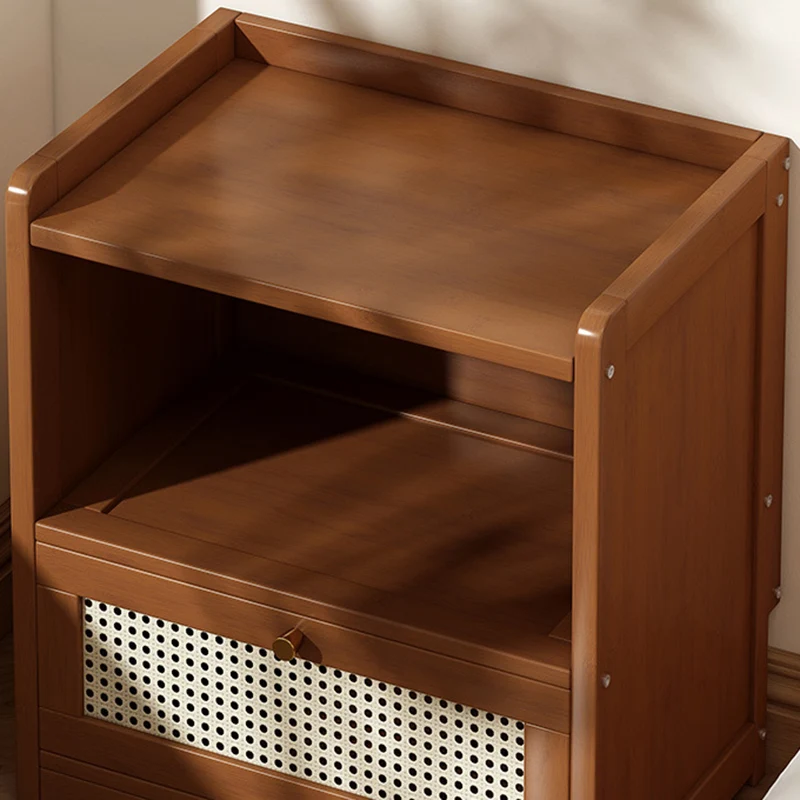 Traditional Japanese Rectangular Bamboo Fiber Board Plastic Rattan Nightstand 1 Drawer For Bedroom