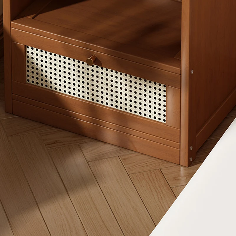 Traditional Japanese Rectangular Bamboo Fiber Board Plastic Rattan Nightstand 1 Drawer For Bedroom