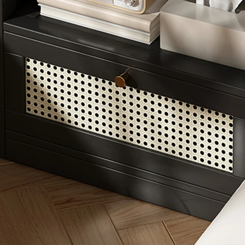 Traditional Japanese Rectangular Bamboo Fiber Board Plastic Rattan Nightstand 1 Drawer For Bedroom