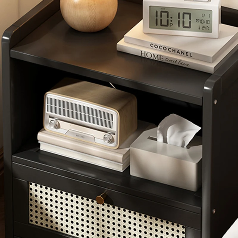 Traditional Japanese Rectangular Bamboo Fiber Board Plastic Rattan Nightstand 1 Drawer For Bedroom