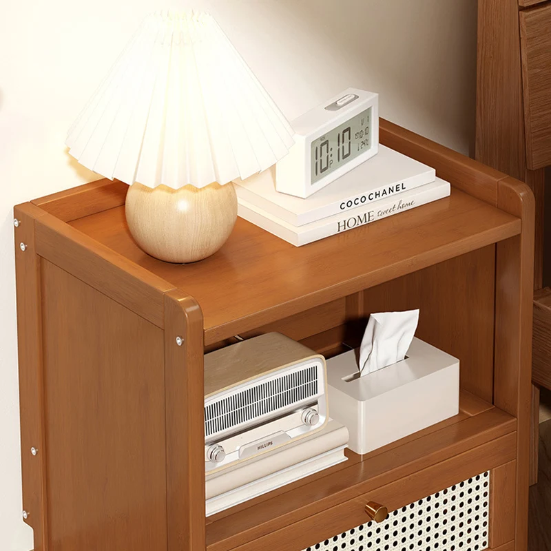 Traditional Japanese Rectangular Bamboo Fiber Board Plastic Rattan Nightstand 1 Drawer For Bedroom