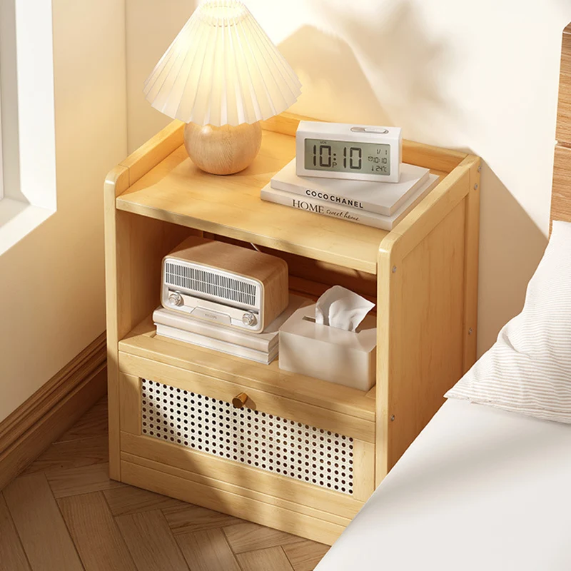 Traditional Japanese Rectangular Bamboo Fiber Board Plastic Rattan Nightstand 1 Drawer For Bedroom