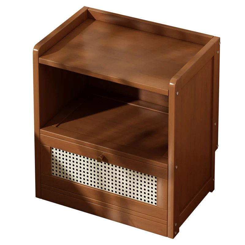 Traditional Japanese Rectangular Bamboo Fiber Board Plastic Rattan Nightstand 1 Drawer For Bedroom