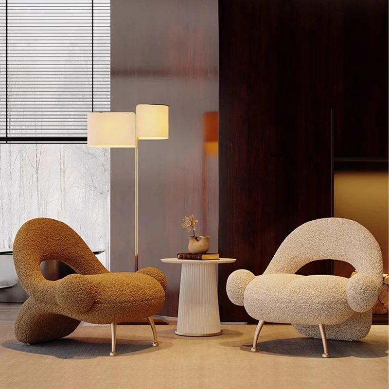 Traditional French Matte Velvet Sherpa Fabric Iron Curved Accent Chair With Backrest For Living Room