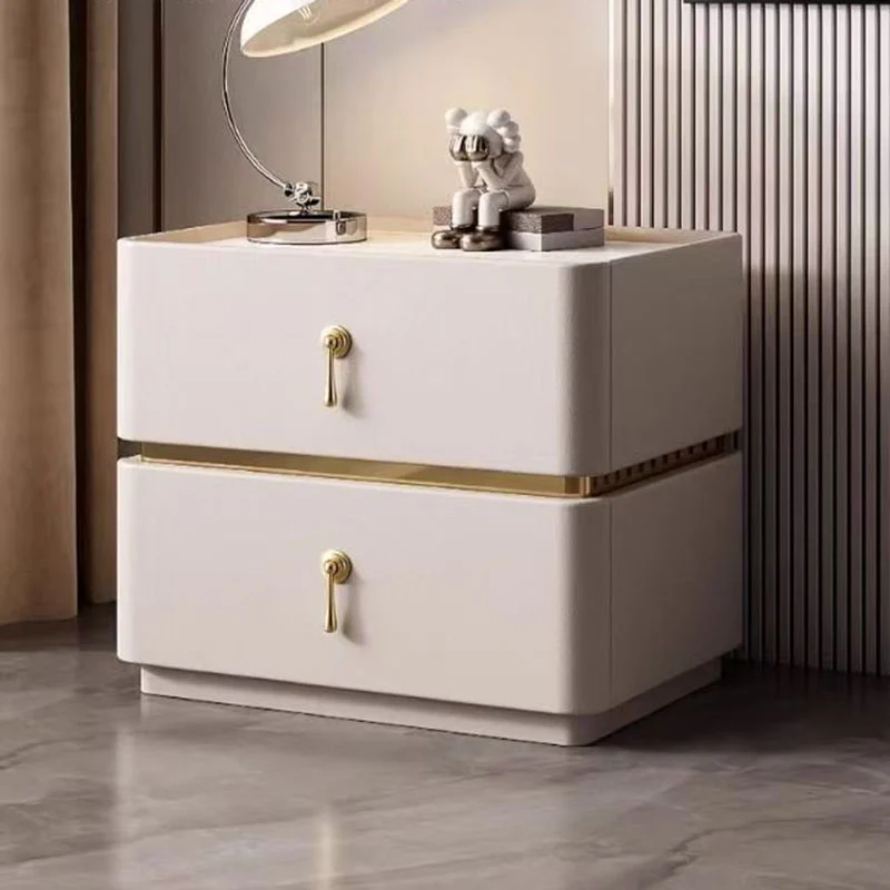 Contemporary Scandinavian MDF Sintered Stone Faux Leather Rounded Square Nightstand 2-Drawer For Bedroom