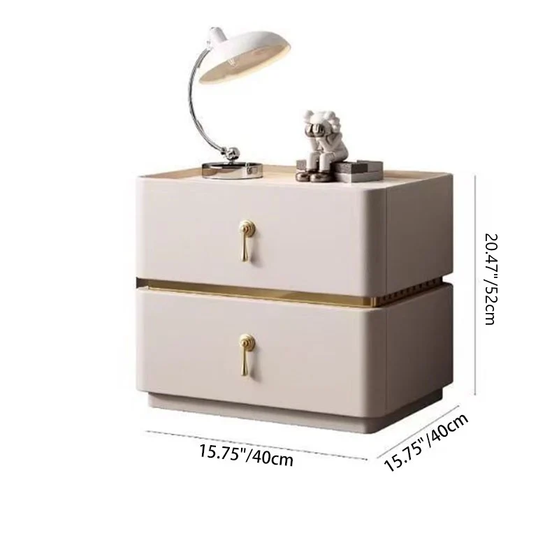 Contemporary Scandinavian MDF Sintered Stone Faux Leather Rounded Square Nightstand 2-Drawer For Bedroom