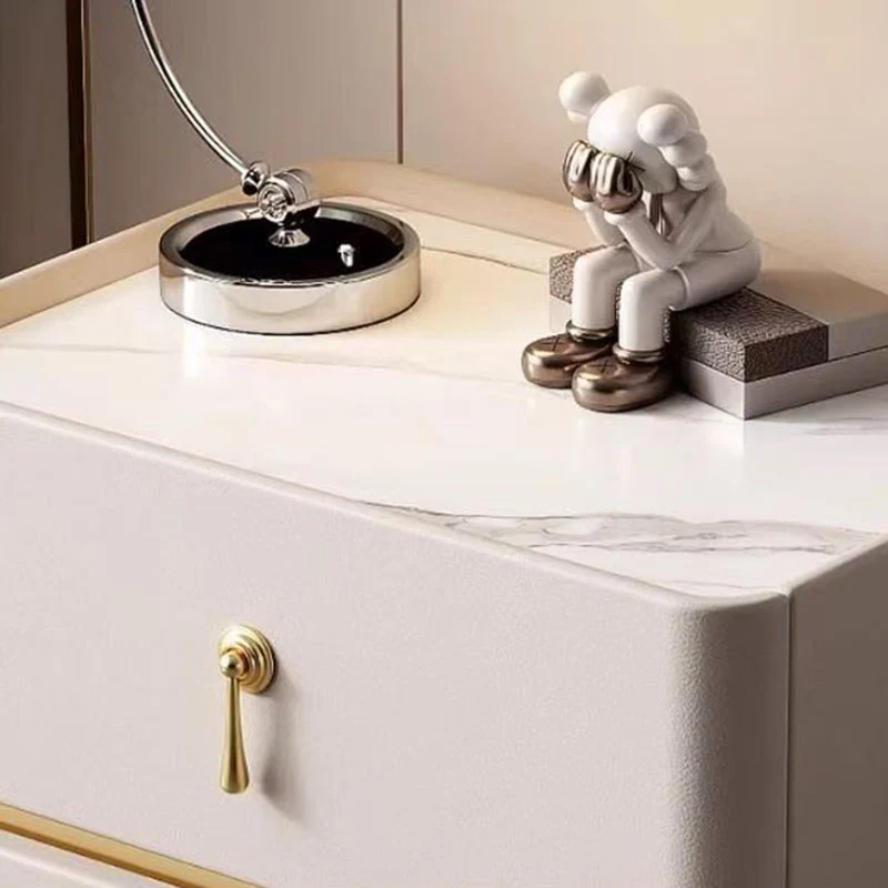 Contemporary Scandinavian MDF Sintered Stone Faux Leather Rounded Square Nightstand 2-Drawer For Bedroom