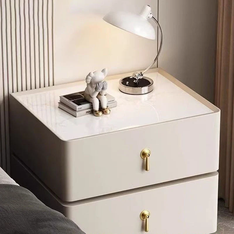 Contemporary Scandinavian MDF Sintered Stone Faux Leather Rounded Square Nightstand 2-Drawer For Bedroom