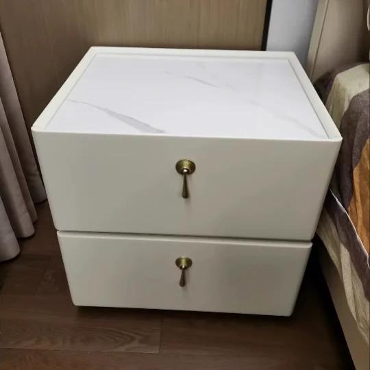 Contemporary Scandinavian MDF Sintered Stone Faux Leather Rounded Square Nightstand 2-Drawer For Bedroom