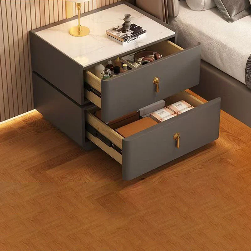 Contemporary Scandinavian MDF Sintered Stone Faux Leather Rounded Square Nightstand 2-Drawer For Bedroom