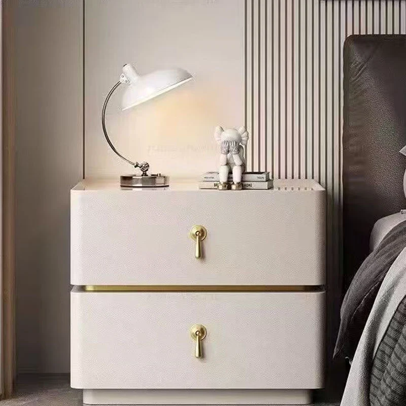 Contemporary Scandinavian MDF Sintered Stone Faux Leather Rounded Square Nightstand 2-Drawer For Bedroom