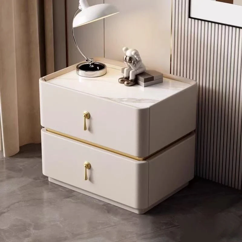 Contemporary Scandinavian MDF Sintered Stone Faux Leather Rounded Square Nightstand 2-Drawer For Bedroom