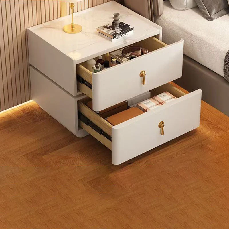 Contemporary Scandinavian MDF Sintered Stone Faux Leather Rounded Square Nightstand 2-Drawer For Bedroom