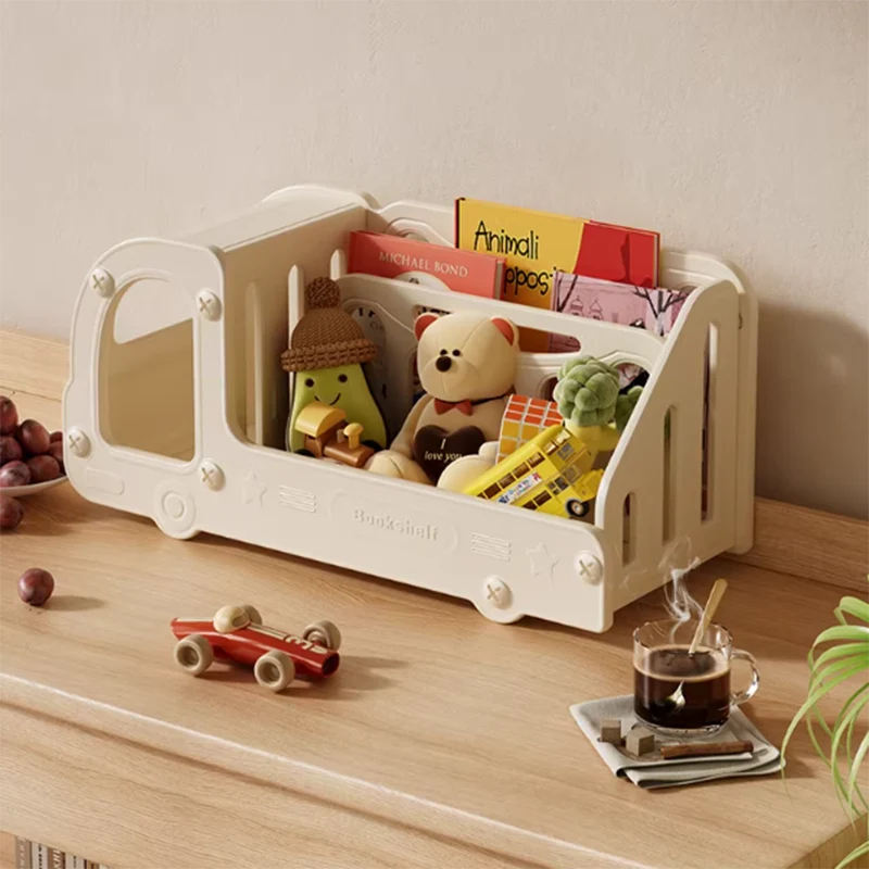 Contemporary Creative Eco-Friendly HDPE Cartoon Car-Shaped Kids Desktop Bookshelf 2-Shelf For Study Room