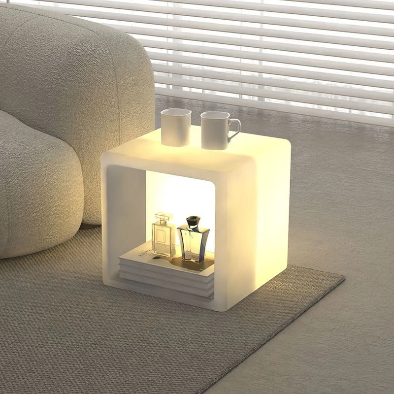 Modern Minimalist PE Rounded Square 1-Light Standing Floor Lamp With Storage Nightstand For Living Room & Bedroom