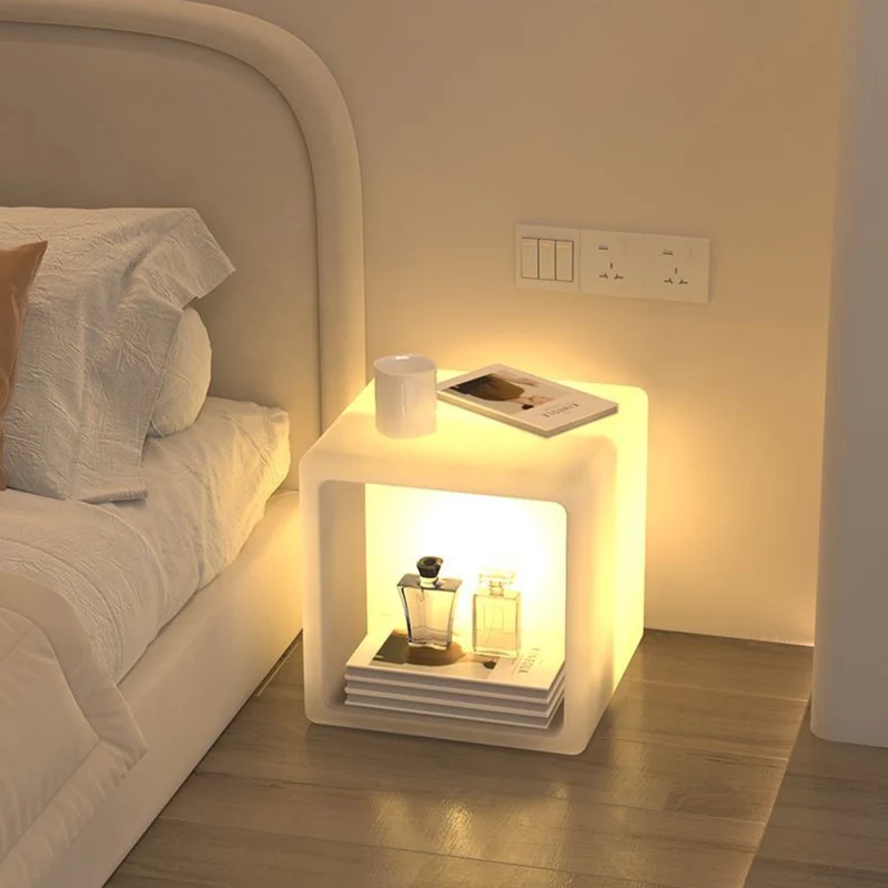 Modern Minimalist PE Rounded Square 1-Light Standing Floor Lamp With Storage Nightstand For Living Room & Bedroom