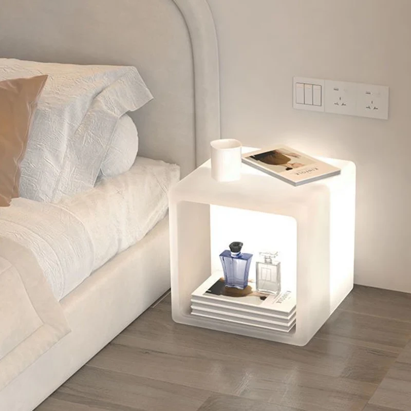 Modern Minimalist PE Rounded Square 1-Light Standing Floor Lamp With Storage Nightstand For Living Room & Bedroom