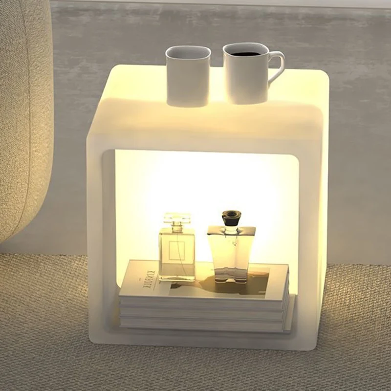 Modern Minimalist PE Rounded Square 1-Light Standing Floor Lamp With Storage Nightstand For Living Room & Bedroom