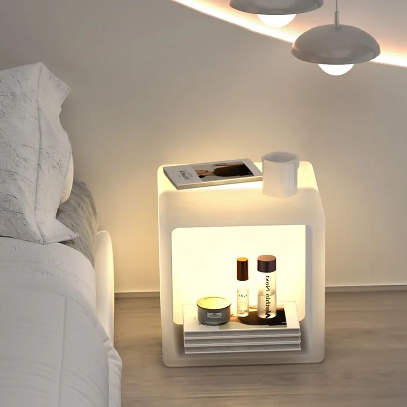 Modern Minimalist PE Rounded Square 1-Light Standing Floor Lamp With Storage Nightstand For Living Room & Bedroom
