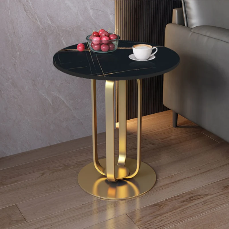 Contemporary Scandinavian Sintered Stone Iron Round End Table 1-Tier For Living Room