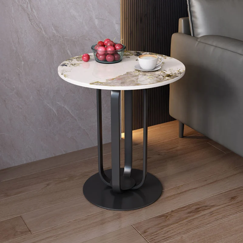Contemporary Scandinavian Sintered Stone Iron Round End Table 1-Tier For Living Room