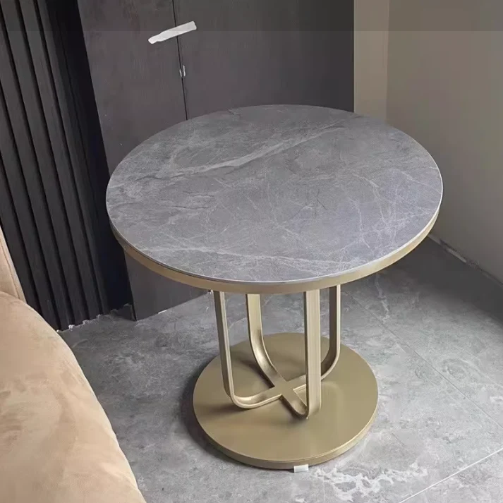 Contemporary Scandinavian Sintered Stone Iron Round End Table 1-Tier For Living Room