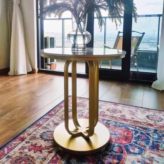 Contemporary Scandinavian Sintered Stone Iron Round End Table 1-Tier For Living Room