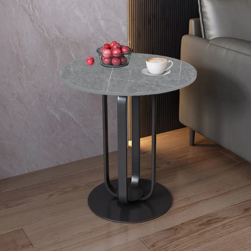 Contemporary Scandinavian Sintered Stone Iron Round End Table 1-Tier For Living Room