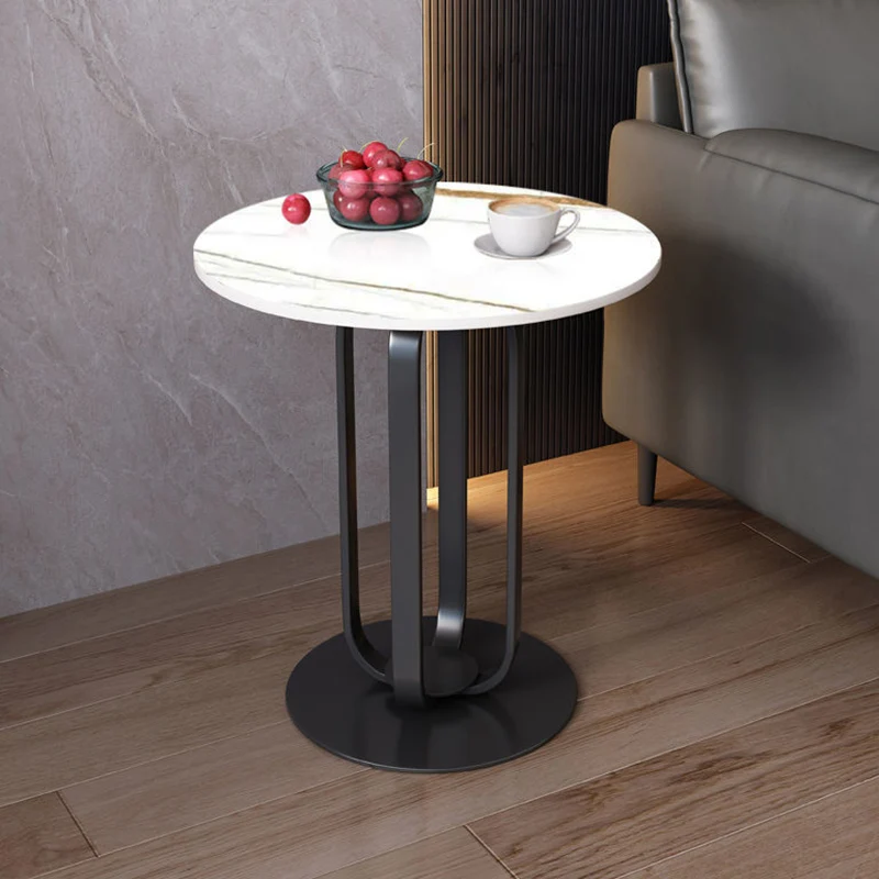 Contemporary Scandinavian Sintered Stone Iron Round End Table 1-Tier For Living Room