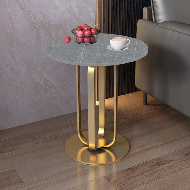 Contemporary Scandinavian Sintered Stone Iron Round End Table 1-Tier For Living Room