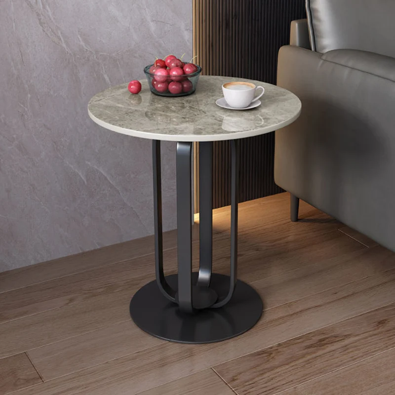 Contemporary Scandinavian Sintered Stone Iron Round End Table 1-Tier For Living Room