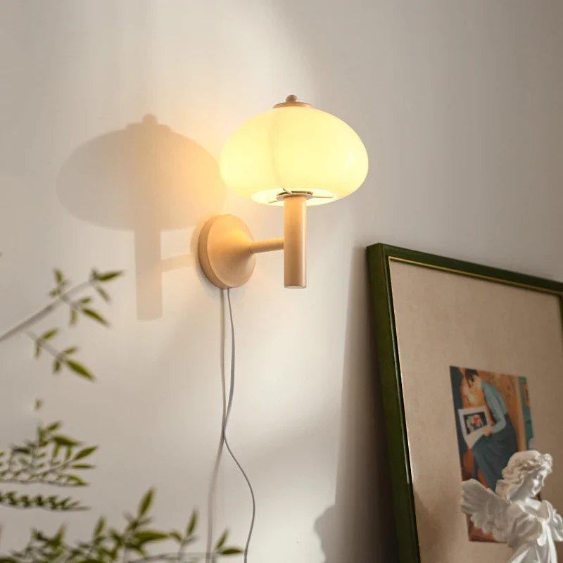 Modern Minimalist Mushroom-Shaped Glass Wrought Iron 1-light Wall Sconce Lamp For Bedroom