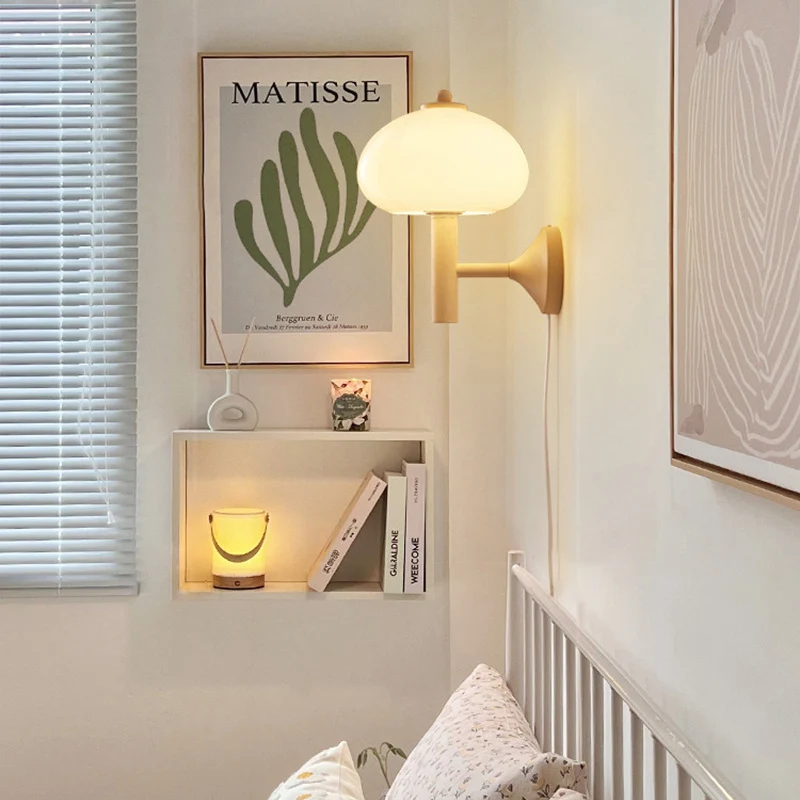 Modern Minimalist Mushroom-Shaped Glass Wrought Iron 1-light Wall Sconce Lamp For Bedroom