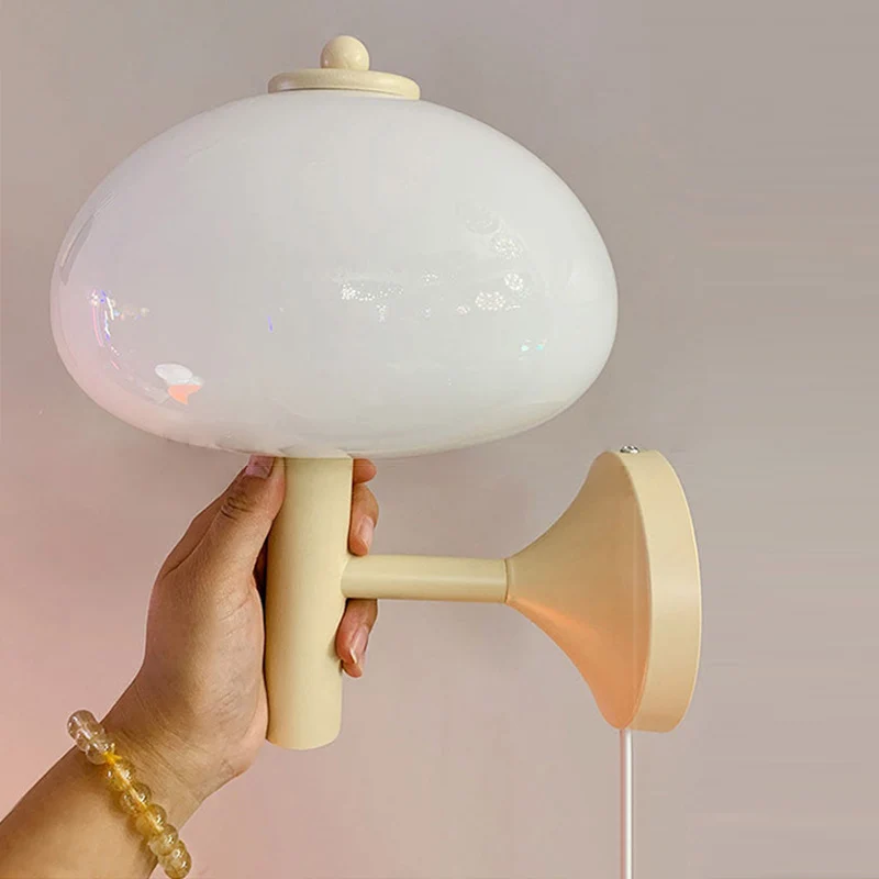 Modern Minimalist Mushroom-Shaped Glass Wrought Iron 1-light Wall Sconce Lamp For Bedroom